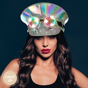 Iridescent Silver Spiked Light Up Solid Fisherman Goggle Military Cap Hat